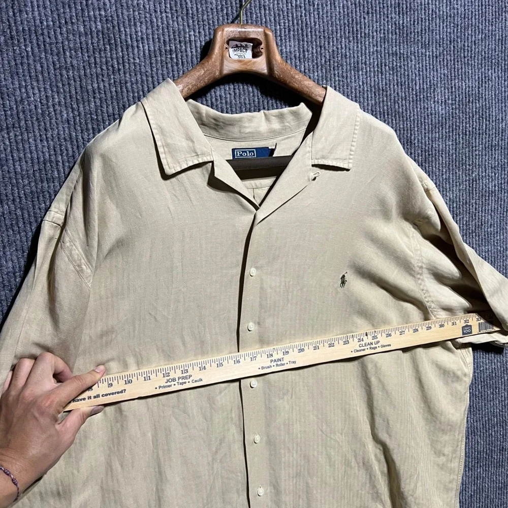 Vintage Polo Ralph Lauren Shirt Mens 4XB Tan Linen Silk Herringbone Short Sleeve